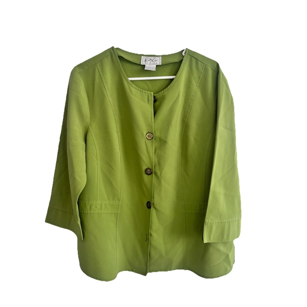 Vintage Kathy Che‎ Green Stretch Button Front Blazer Jacket Size 18 Spring READ